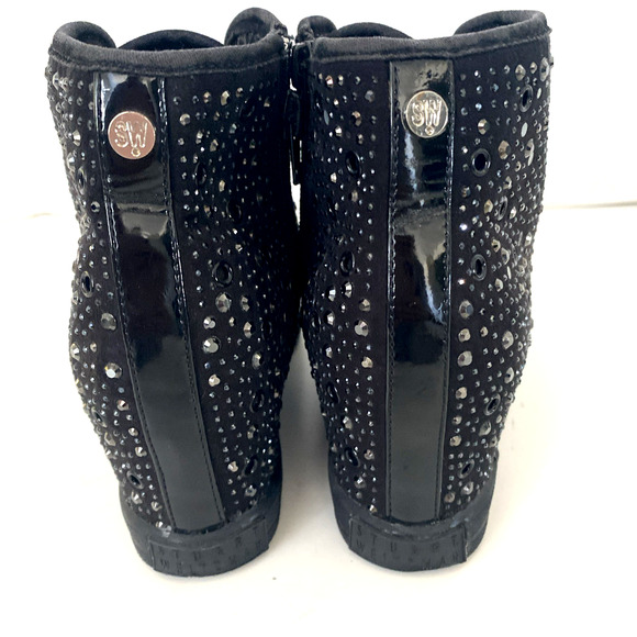 Stuart Weitzman Vance 15 Hidden Wedge Sneaker Kids Girl 4 Black Silver Chain - Picture 9 of 11